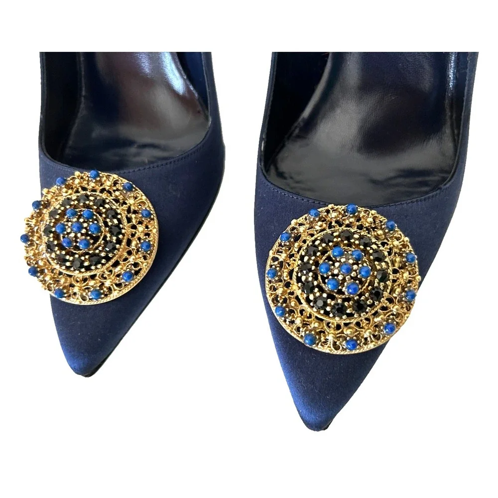 Manolo Blahnik Rigiuba Navy Blue Silk Satin Jeweled Pumps Heels 38 Box Bag